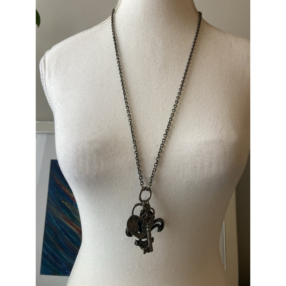 Skeleton Key Heart Lock Charm Necklace Gothic Steampunk In Gunmetal Silver Tone